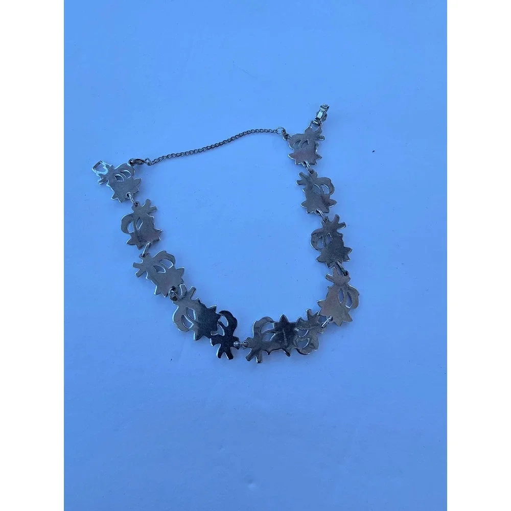 Vintage Marcasite Floral Ribbon Link Bracelet Silver Tone Safety Chain 7.25in